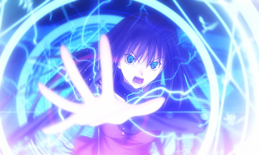 aozaki_aoko blue_eyes blurry brown_hair depth_of_field electricity game_cg hands koyama_hirokazu long_hair magic magic_circle mahou_tsukai_no_yoru outstretched_hand perspective solo