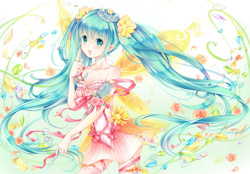 absurdres aqua_eyes aqua_hair bare_shoulders dress emurina flower hair_flower hair_ornament hatsune_miku highres jewelry long_hair microphone microphone_stand musical_note necklace open_mouth solo thigh-highs thighhighs twintails very_long_hair vocaloid wings