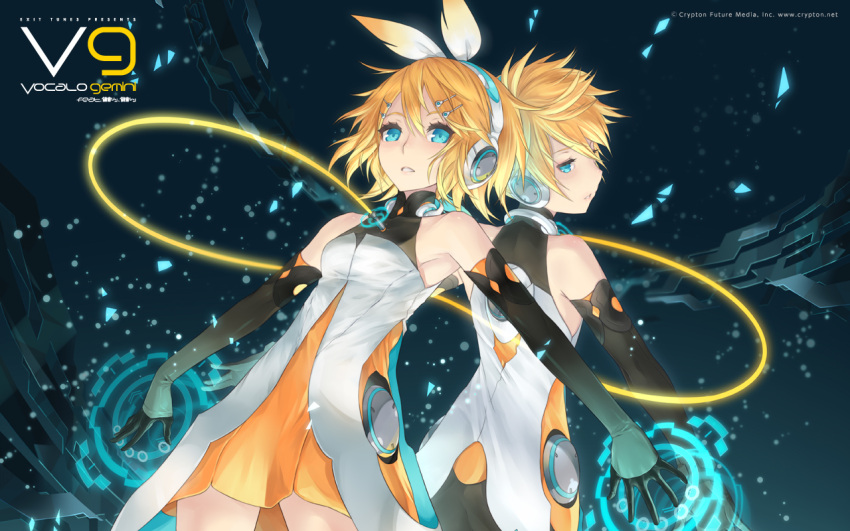 2d back_to_back blonde_hair blue_eyes dress dutch_angle elbow_gloves headphones kagamine_len kagamine_rin looking_back vocaloid wallpaper wire