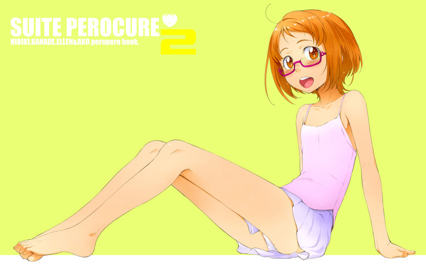 arm_support bare_shoulders barefoot blush cover cover_page engrish feet flat_chest glasses highres hino_akane legs looking_at_viewer open_mouth orange_eyes orange_hair panties pantyshot pantyshot_(sitting) pantyshot_sitting precure ranguage sakura_kotetsu shirabe_ako short_hair simple_background sitting skirt smile_precure! solo suite_precure tank_top toes underwear white_panties yellow_background