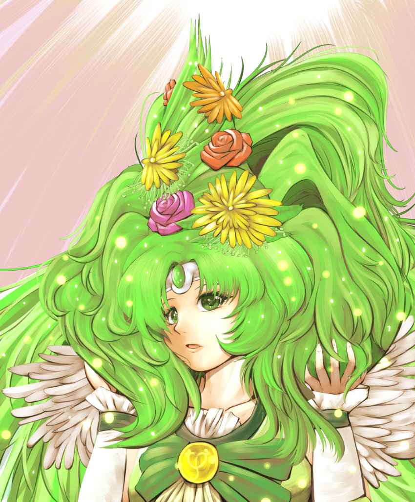 big_hair cure_march flower green_eyes green_hair hair_flower hair_ornament hair_tussle harihisa highres long_hair magical_girl midorikawa_nao orange_rose pink_background pink_rose precure rose smile_precure! solo tri_tails very_long_hair