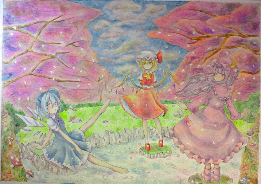 ascot barefoot blonde_hair blue_eyes blue_hair boots bow cherry_blossoms cirno crescent dress flandre_scarlet hair_bow hat hat_ribbon highres ice ice_wings long_hair multiple_girls mushroom patchouli_knowledge petals purple_eyes purple_hair ribbon touhou traditional_media violet_eyes watercolor_(medium) white_background wings yellow_eyes yuyu_(00365676)