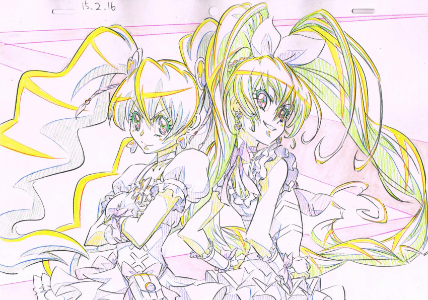2girls :d bow choker color_trace crossed_arms crossover cure_melody cure_peach dated earrings eyelashes fresh_precure! frills hair_ornament hand_on_hip heart heart_hair_ornament highres houjou_hibiki itaoka1 jewelry long_hair looking_at_viewer magical_girl midriff momozono_love multiple_girls open_mouth partially_colored precure puffy_sleeves ribbon sketch skirt smile suite_precure traditional_media twintails very_long_hair wrist_cuffs