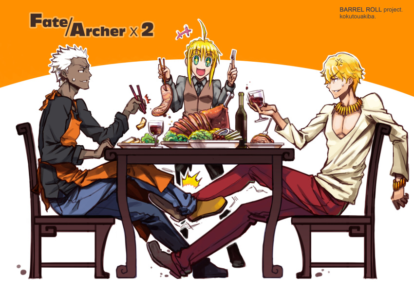 2boys ahoge anger_vein apron archer blonde_hair bracelet chopsticks dark_skin eating fate/stay_night fate/zero fate_(series) food fork gilgamesh green_eyes jewelry kokutouakiba long_hair multiple_boys necklace necktie ponytail red_eyes saber star star-shaped_pupils symbol-shaped_pupils turkey turkey_(food) vest waistcoat white_hair