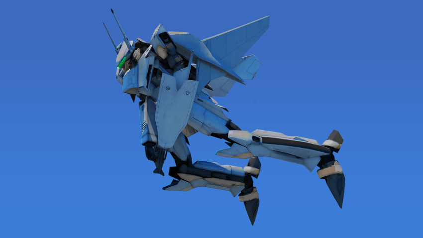 cannon flying gunpod highres macross macross_frontier mars_br mecha no_humans realistic science_fiction shield simple_background sky solo vf-25