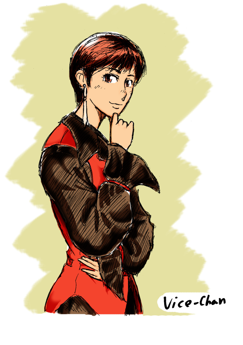brown_eyes brown_hair earrings hand_on_chin hand_to_chin highres jewelry king_of_fighters short_hair siwawuth sketch snk solo vice