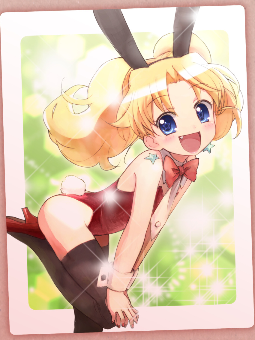 animal_ears blue_eyes blush bowtie bunny_ears bunny_tail bunnysuit fake_animal_ears fake_tail fang high_heels highres jewelpet_(series) jewelpet_tinkle miria_marigold_mackenzie nail_polish nyama open_mouth shoes solo star star-shaped_pupils symbol-shaped_pupils tail thighhighs wrist_cuffs