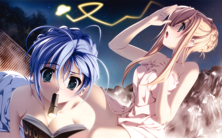 :o absurdres bare_shoulders blonde_hair blue_eyes blue_hair book breasts character_request cleavage collarbone dutch_angle est_fragrance flashlight green_eyes hair_bun highres holding kashimashi_communication kuroki_madoka long_hair mouth_hold multiple_girls naked_towel night night_sky nude onsen open_book open_mouth payot profile reading senomoto_hisashi sky star_(sky) towel tree