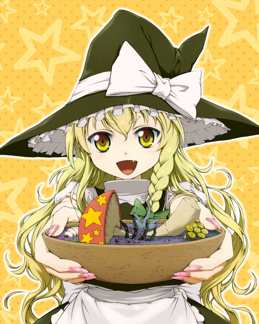 apron bad_food blonde_hair bow bowl braid fang fingernails fingers food frills hands hat hat_bow hat_ribbon highres kirisame_marisa long_hair mushroom nail_polish open_mouth orange_background polka_dot polka_dot_background pov_feeding ribbon smile solo soup star starry_background touhou waist_apron wavy_hair white_ribbon witch witch_hat worms yellow_eyes youkann00