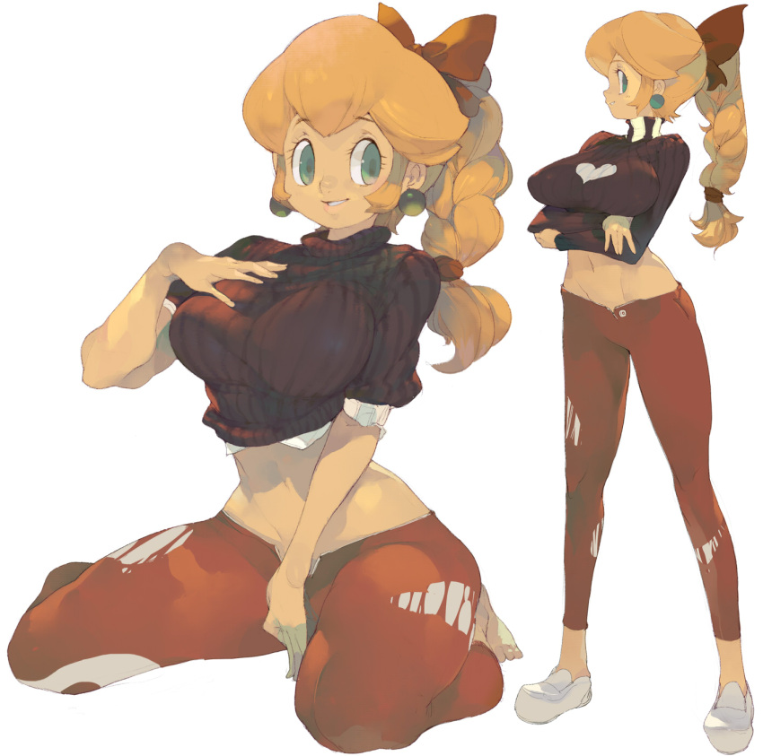 blonde_hair bow braid breasts casual contemporary crossed_arms earrings green_eyes hair_bow hand_on_own_chest highres jewelry koki_(pixiv) large_breasts midriff navel pants princess_peach ribbed_sweater shoes single_braid sitting smile solo super_mario_bros. sweater turtleneck