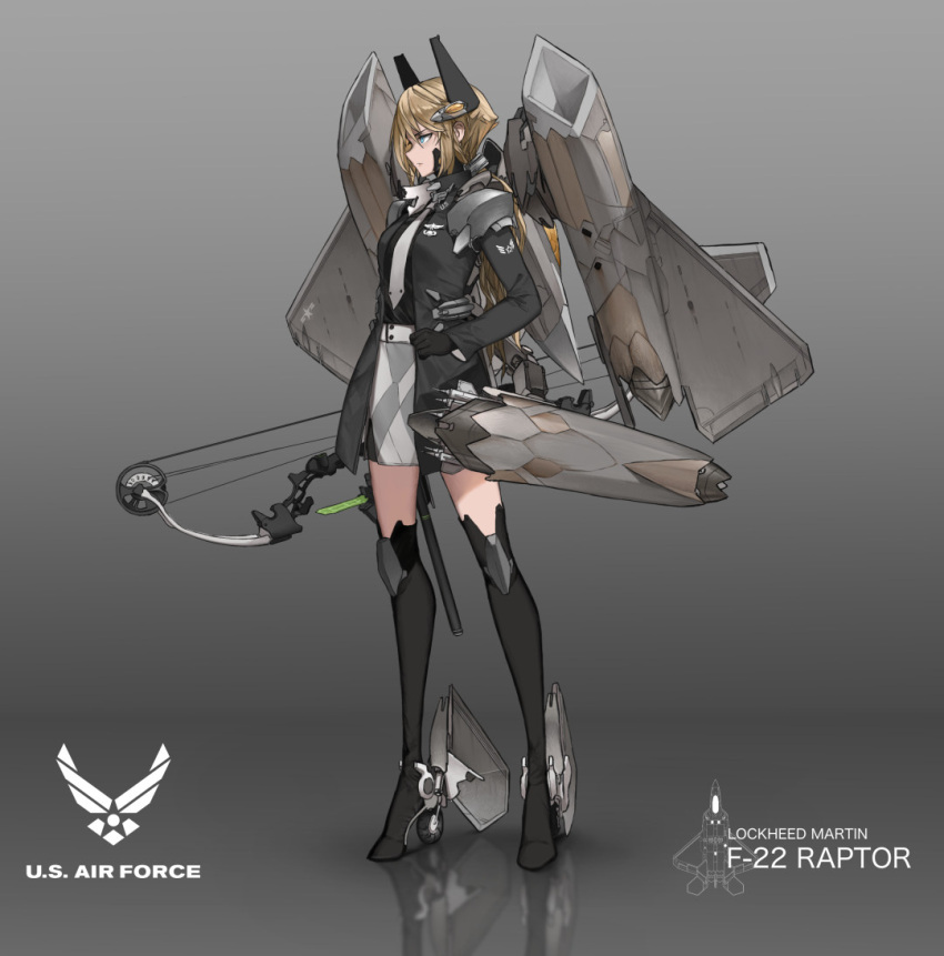 1girl bangs black_gloves blue_eyes boots bow_(weapon) breasts compound_bow dishwasher1910 f-22_raptor full_body gloves headgear high_heel_boots high_heels light_brown_hair lockheed_martin long_hair necktie original personification reflection sidelocks skirt solo thigh-highs thigh_boots very_long_hair weapon zettai_ryouiki