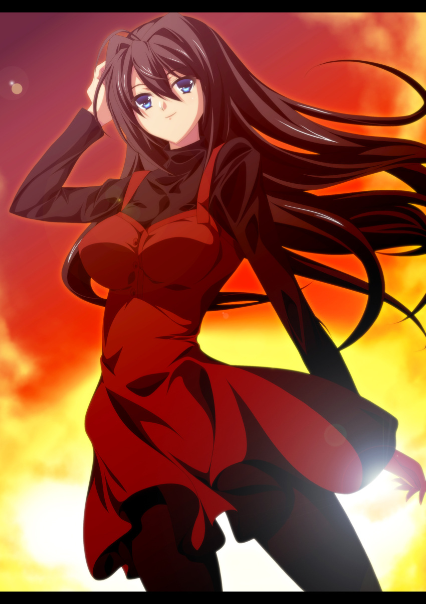 adjusting_hair aozaki_aoko blue_eyes breasts brown_hair dress hair_intakes hair_tucking highres impossible_clothes ka2 large_breasts long_hair mahou_tsukai_no_yoru pantyhose solo sunset