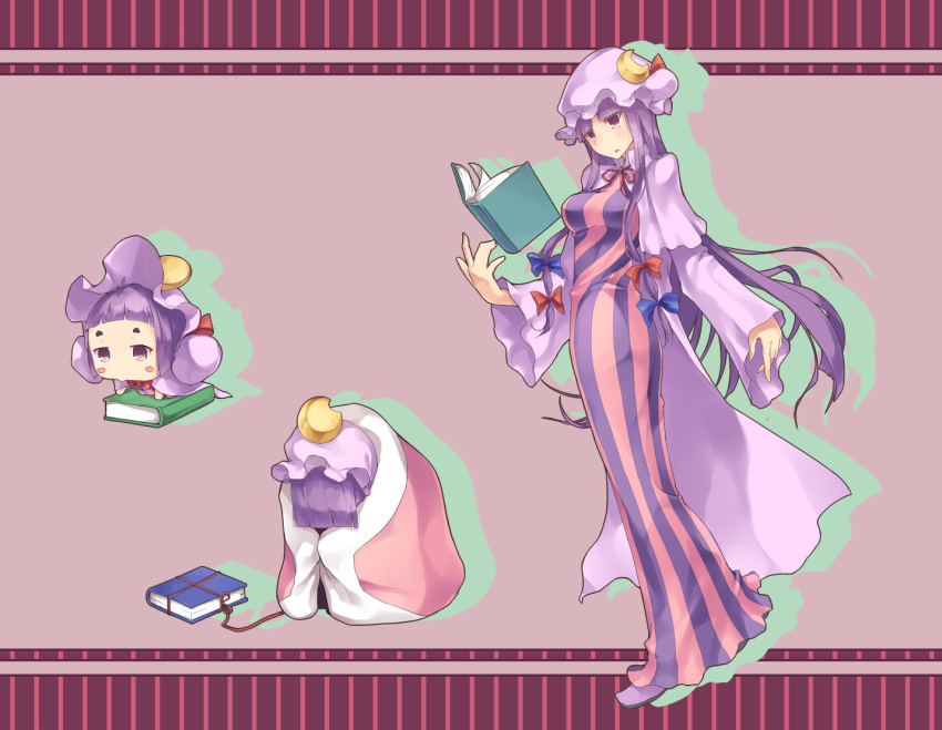 blush_stickers book capelet chibi crescent dress evolution floating futon hair_ribbon hat leavanny long_hair multiple_girls multiple_persona open_book parody patchouli_knowledge pokemon purple_eyes purple_hair ribbon sewaddle striped striped_dress sue_sgr_u swadloon touhou violet_eyes wide_sleeves wrapped_up