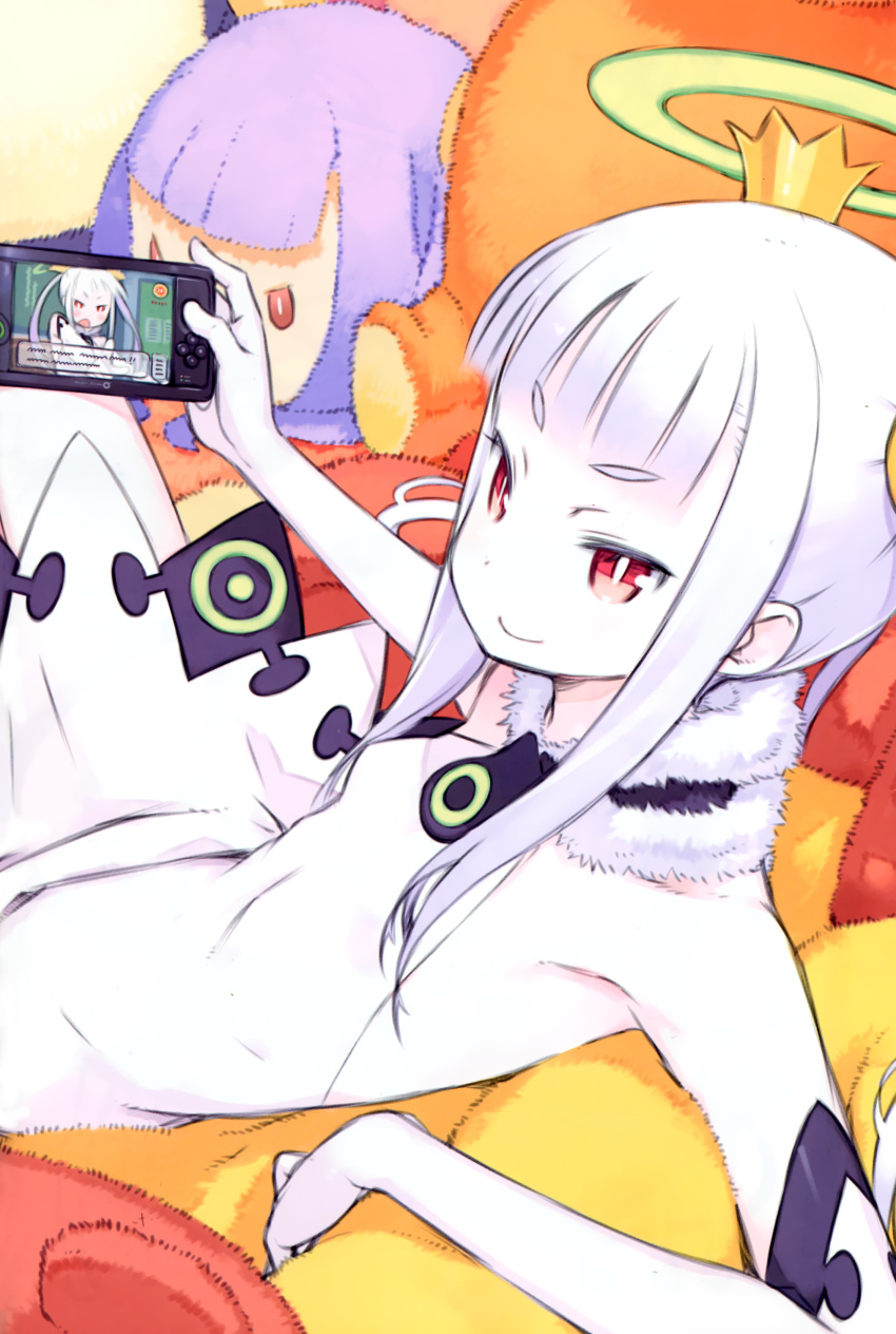 absurdres albino armpits bangs bare_shoulders blunt_bangs boots crown dress elbow_gloves flat_chest gloves halo handheld hat highres kuroboshi_kouhaku long_hair looking_at_viewer official_art palette_(character) playing_games red_eyes scan sitting skirt smile solo thigh-highs thigh_boots thighhighs twintails white_dress white_gloves white_hair white_legwear yumeiro_happy_end