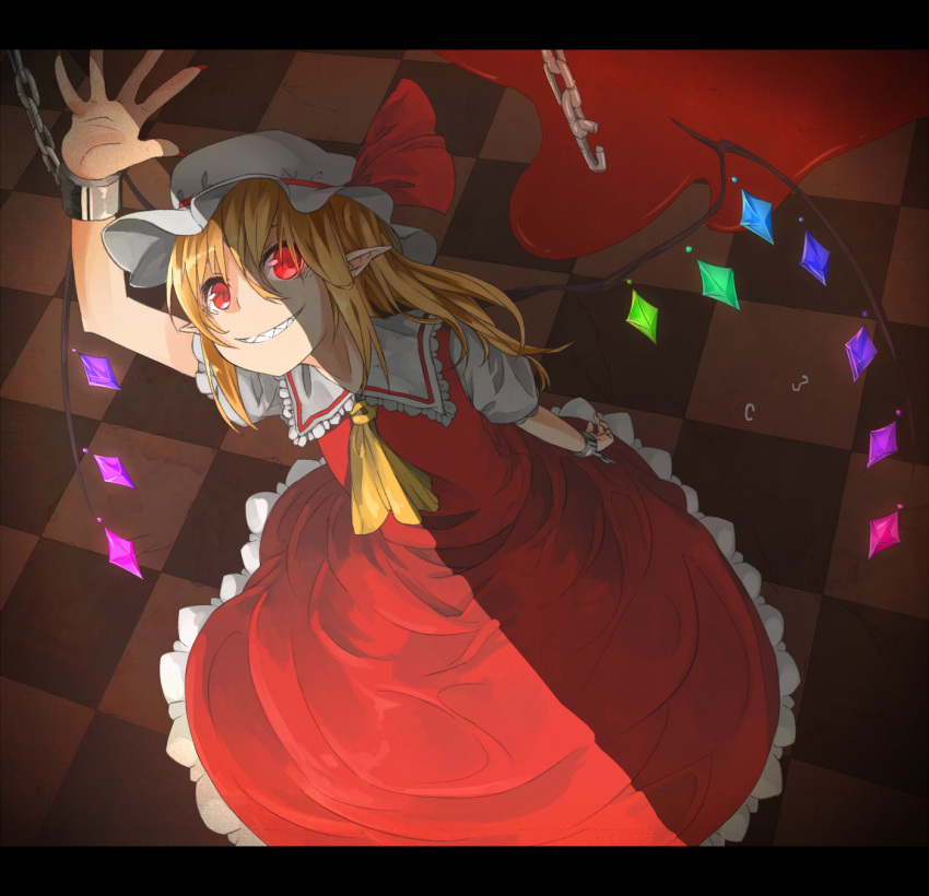 blonde_hair blood chain chained chains checkered checkered_floor flandre_scarlet grin hat highres ibuki_notsu letterboxed long_hair notsugimi pointy_ears red_eyes sharp_teeth side_ponytail smile solo touhou wings