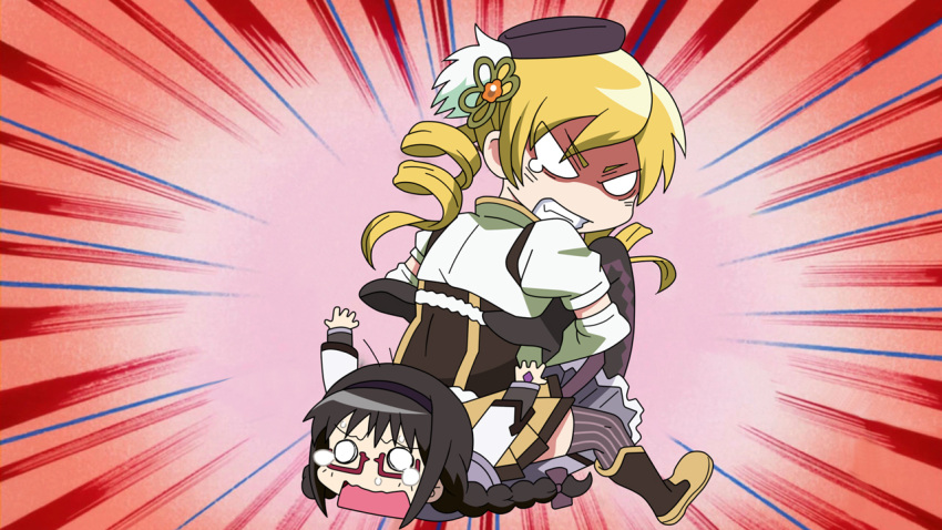 angry g3pen glasses hairband kill_me_baby long_hair lying magical_girl mahou_shoujo_madoka_magica on_stomach open_mouth pantyhose parody red-framed_glasses sitting sitting_on_person submission_hold tears tomoe_mami wrestling