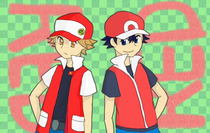 2boys black_hair blue_eyes brown_eyes brown_hair character_name checkered checkered_background cosplay costume_switch dual_persona multiple_boys pokemon pokemon_(game) pokemon_rgby red_(pokemon) red_(pokemon)_(classic) red_(pokemon)_(remake)