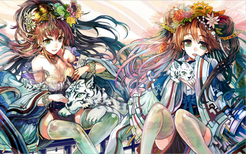 arm_up bare_shoulders bracelet breasts brown_eyes brown_hair chemise cleavage detached_sleeves floral_print flower hair_flower hair_ornament japanese_clothes jewelry kimono long_hair multiple_girls necklace open_mouth original ryuuri_susuki sash sitting skirt smile thigh-highs thighhighs tiger white_legwear white_tiger wide_sleeves zettai_ryouiki
