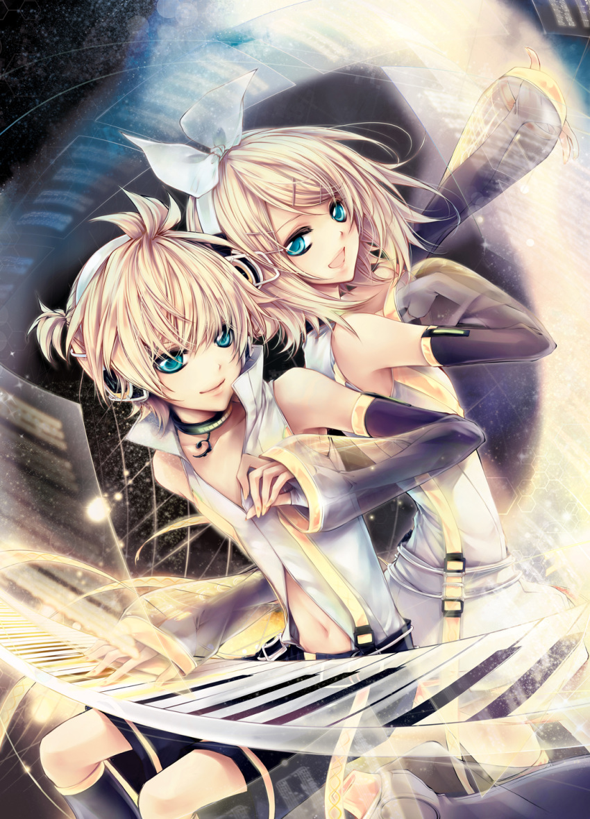 arm_warmers blonde_hair brother_and_sister detached_sleeves hair_ornament hair_ribbon hairclip headphones highres instrument kagamine_len kagamine_len_(append) kagamine_rin kagamine_rin_(append) keyboard_(instrument) leg_warmers ln navel ribbon short_hair shorts siblings singing smile twins vocaloid vocaloid_append