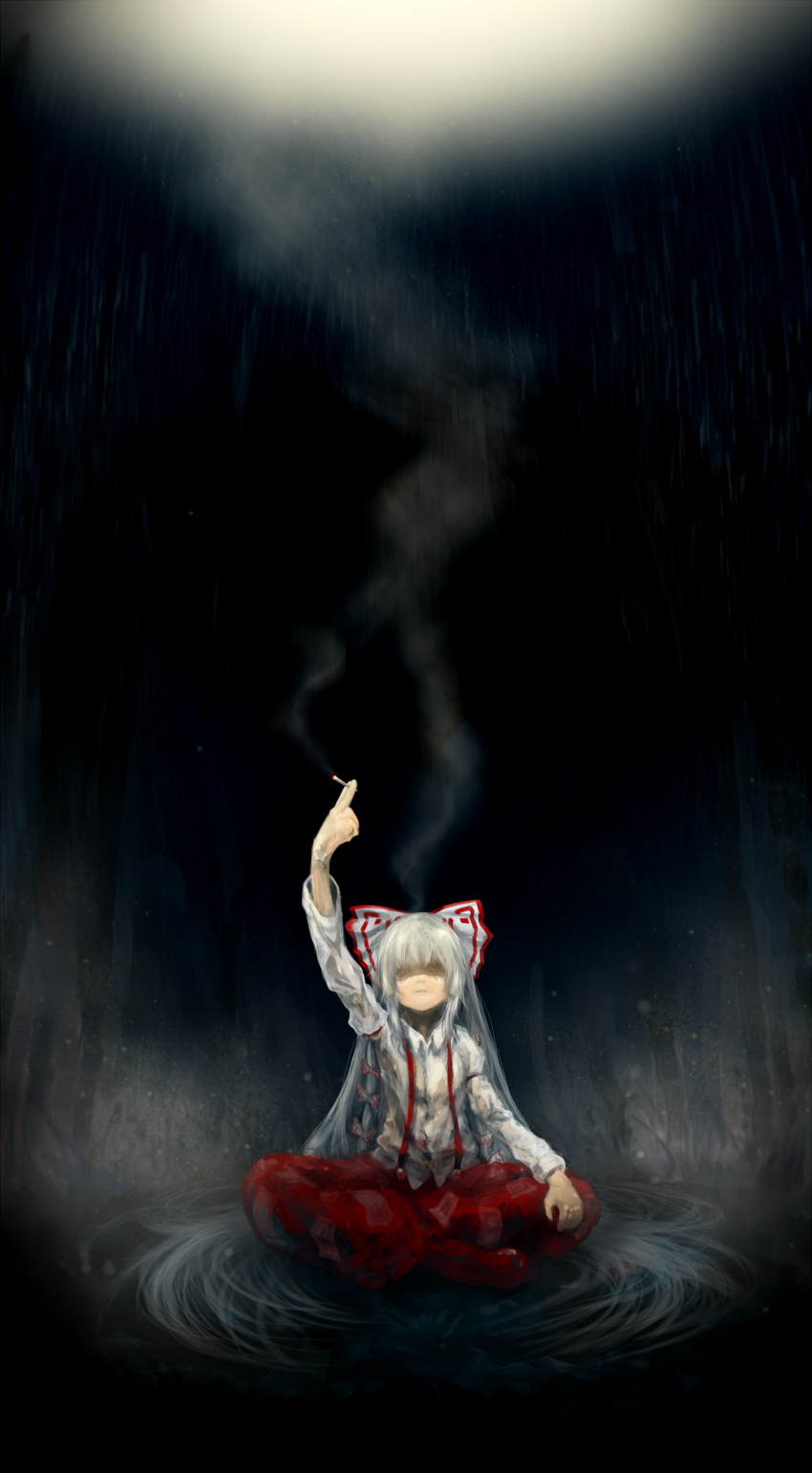 absurdres arm_up bow cigarette dark expressionless forest fujiwara_no_mokou hair_bow hair_over_eyes highres indian_style long_hair long_sleeves mimit nature pants puffy_sleeves rain shaded_face shoes silver_hair sitting smoke smoking solo suspenders touhou very_long_hair