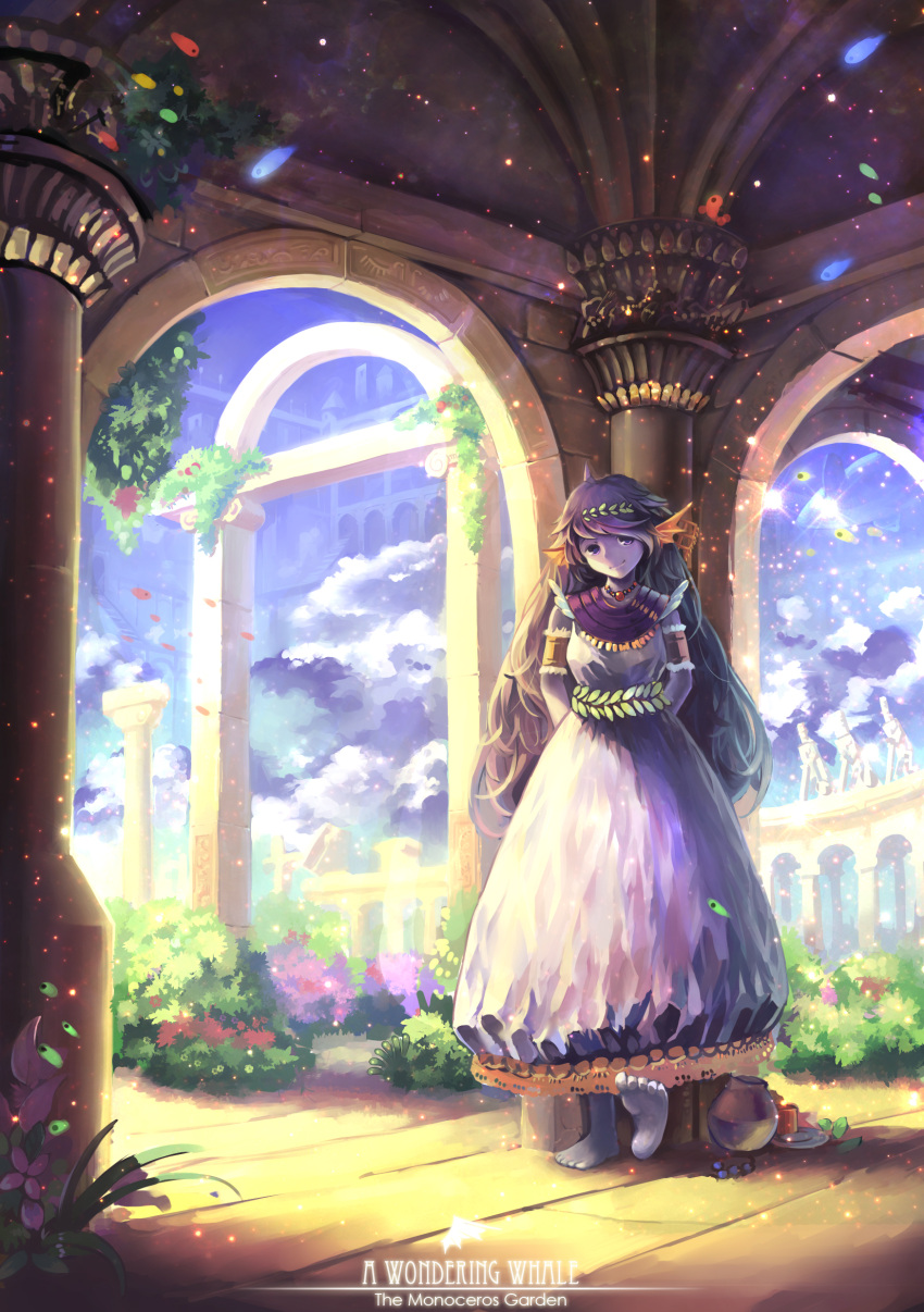 absurdres against_wall arm_cuffs barefoot brown_hair cloud d-ka-satellite dress english fairy flower head_fins highres jewelry long_hair necklace original personification plate pot purple_eyes scenery sky smile solo violet_eyes