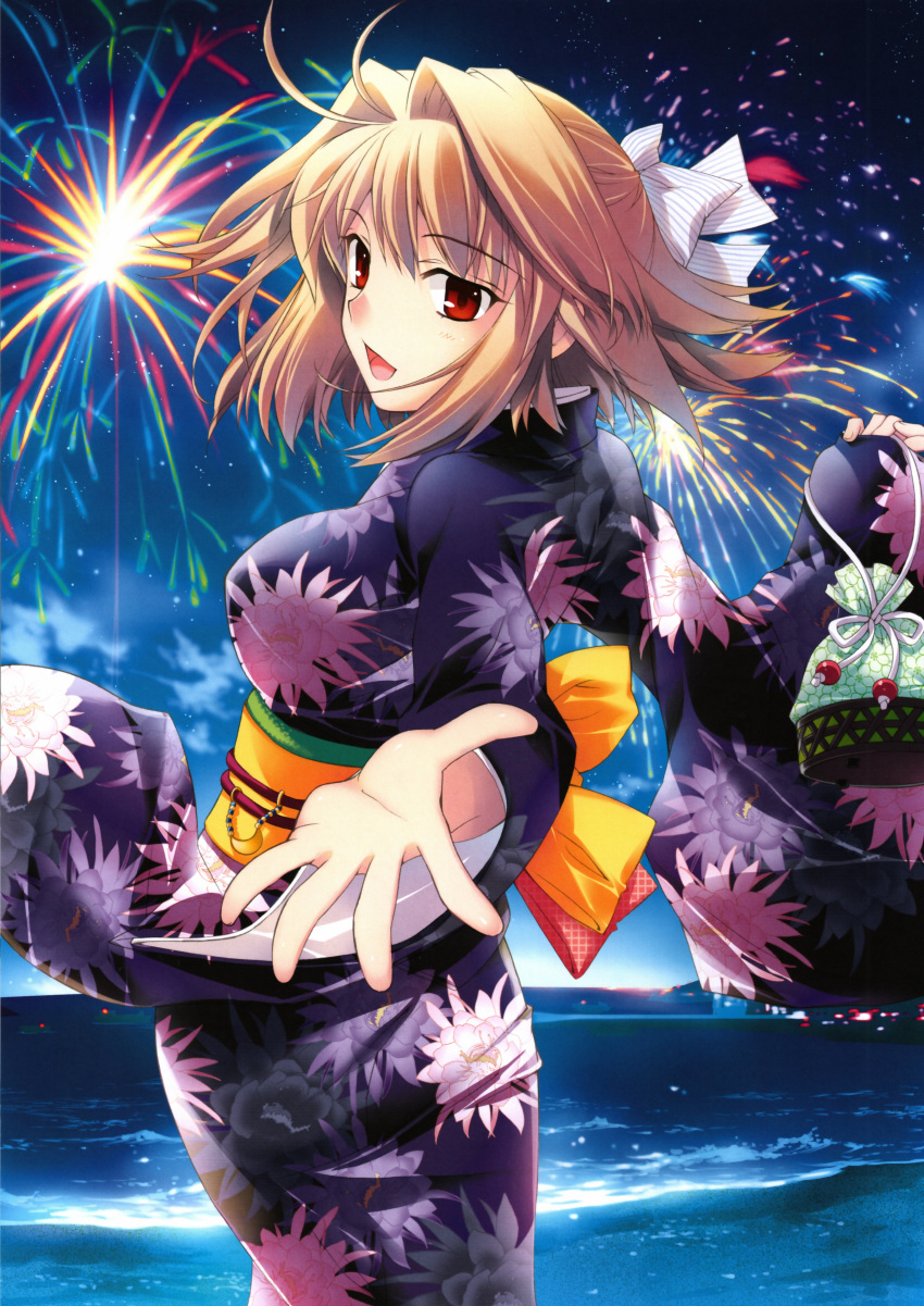 absurdres aerial_fireworks arcueid_brunestud blonde_hair breasts fireworks floral_print fujima_takuya hair_ribbon highres japanese_clothes kimono kinchaku obi open_mouth outstretched_hand red_eyes ribbon scan short_hair smile solo tsukihime