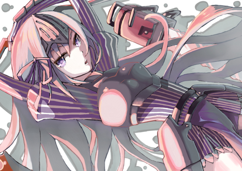 1girl armor armored_dress bad_id breastplate chainsaw dress eucliwood_hellscythe gauntlets juliet_sleeves kore_wa_zombie_desu_ka? long_hair long_sleeves puffy_sleeves purple_eyes ribbon solo very_long_hair violet_eyes visor_(armor) weapon