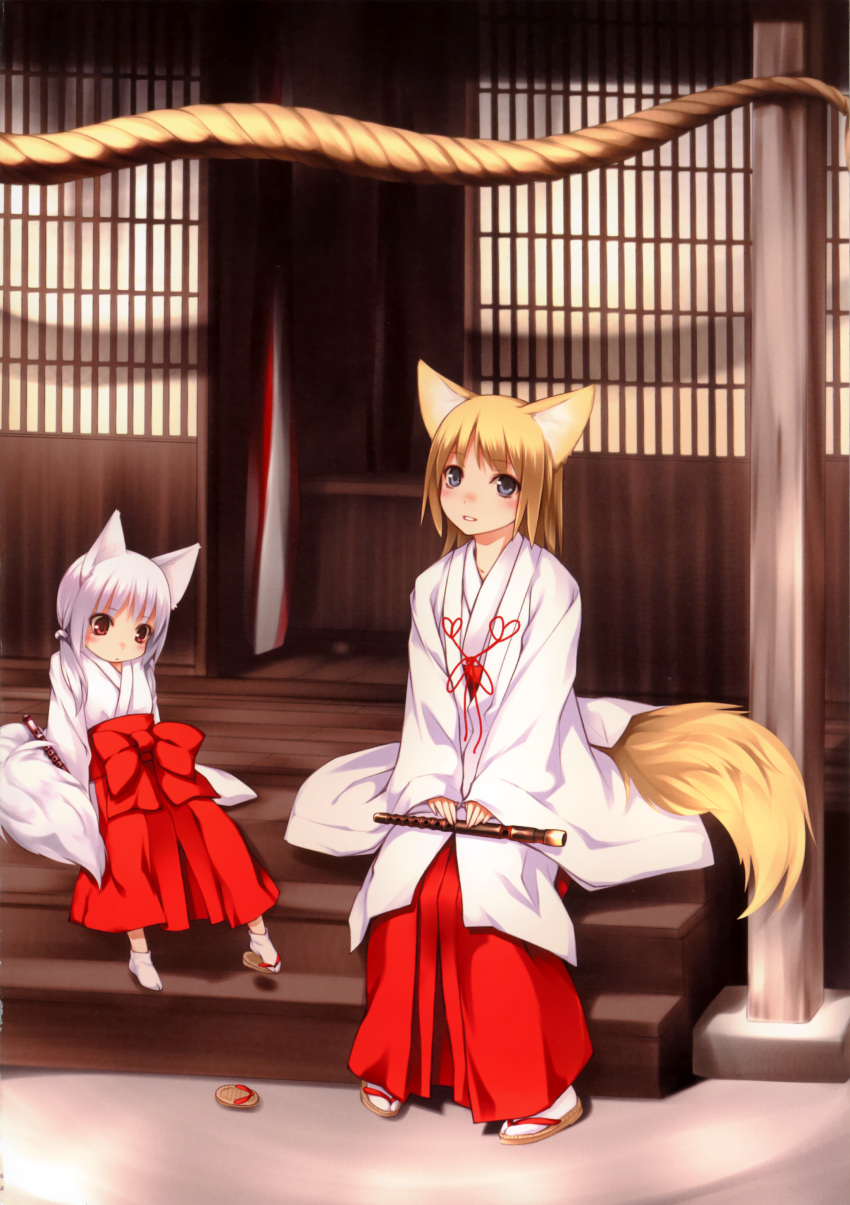 absurdres animal_ears blue_eyes blush flute footwear fox_ears fox_tail highres instrument japanese_clothes miko multiple_girls ooji original parted_lips red_eyes sandals scan short_hair silver_hair sitting socks tail