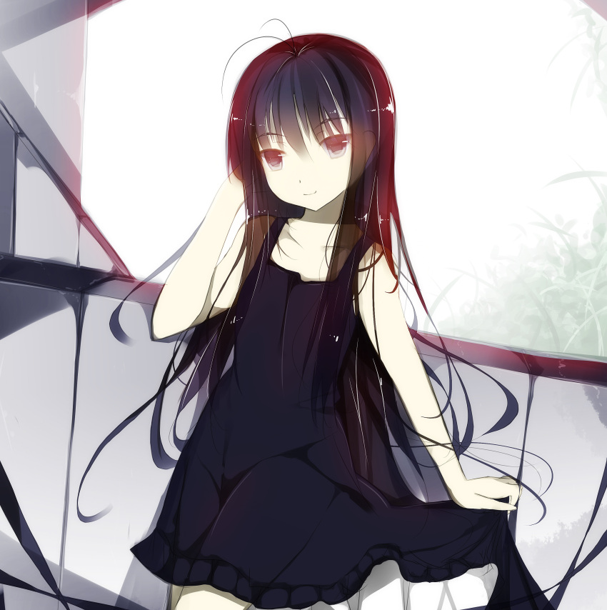 absurdres accel_world adjusting_hair antenna_hair bare_shoulders black_hair dress highres kuro_yuki_hime kuroyukihime long_hair red_eyes senya_fuurin skirt skirt_lift smile solo