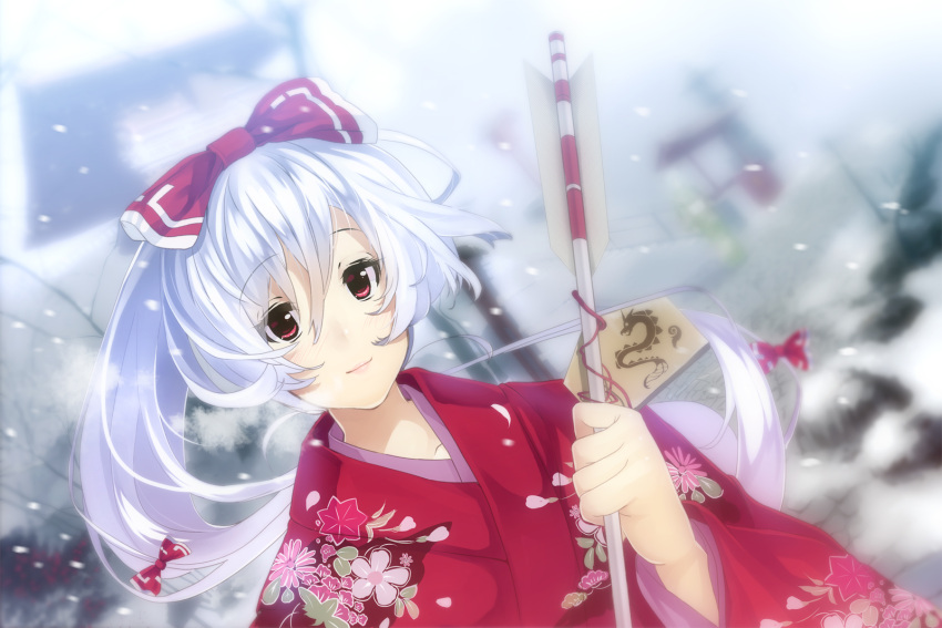 arrow blush bow floral_print fujiwara_no_mokou hair_bow hamaya highres japanese_clothes kimono long_hair ponytail red_eyes silver_hair smile snow solo touhou yuuji_(yukimimi)