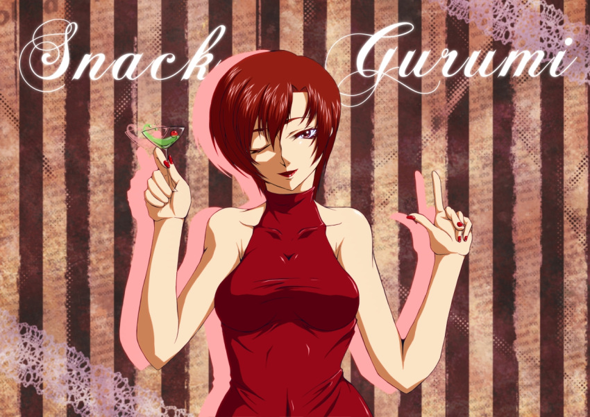 aoi_yuu bare_shoulders breasts brown_eyes brown_hair dress drink halterneck large_breasts lipstick makeup martini_glass meiko nail_polish red_dress short_hair solo vocaloid wink