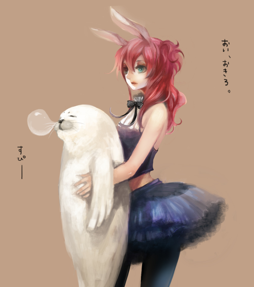 animal_ears aqua_eyes bare_shoulders bowtie brown_background bunny_ears halter_top halterneck highres holding lips midriff nicole nose_bubble original pantyhose red_hair redhead seal simple_background skirt sleeping sleeveless standing text two_side_up