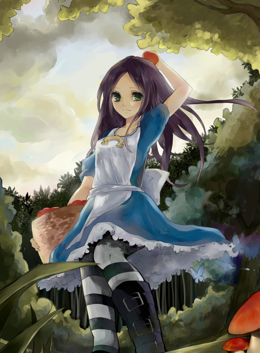 absurdres alice:_madness_returns alice_(wonderland) alice_in_wonderland american_mcgee's_alice american_mcgee's_alice apple bad_id basket black_hair blue_eyes blush boots butterfly dj.adonis food fruit green_eyes highres long_hair looking_at_viewer mushroom pantyhose solo striped striped_legwear thigh-highs thighhighs