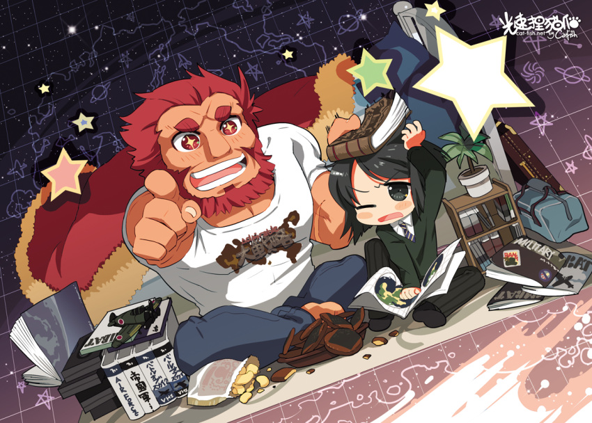 beard black_eyes black_hair book casual chibi facial_hair fate/zero fate_(series) jeans male multiple_boys neko_sakana pointing potato_chips red_eyes red_hair redhead rider_(fate/zero) senbei star star-shaped_pupils symbol-shaped_pupils t-shirt toy_airplane toy_plane waver_velvet wince