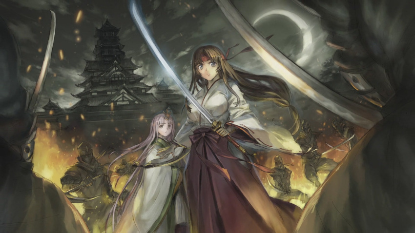 artist_request breasts character_request fire headband highres japanese_clothes large_breasts long_hair moon multiple_girls ninja official_art protect protecting queen's_blade queen's_blade sword tomoe weapon