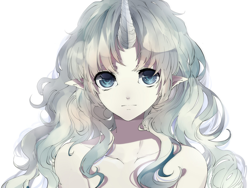 bare_shoulders blue_eyes collarbone dj.adonis face highres long_hair looking_at_viewer original personification pointy_ears portrait silver_hair solo unicorn white_background