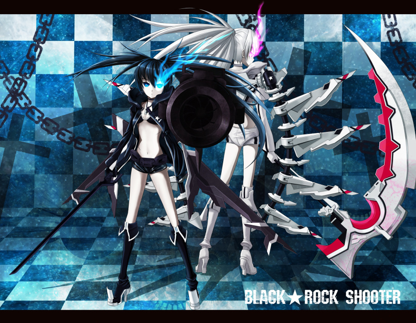 bikini_top black_hair black_rock_shooter black_rock_shooter_(character) black_rock_shooter_(game) black_vs_white blue_eyes boots cannon chain chains glowing glowing_eyes highres letterboxed long_hair midriff multiple_girls navel purple_eyes scythe shinebell shorts sword thighhighs twintails weapon white_hair white_rock_shooter