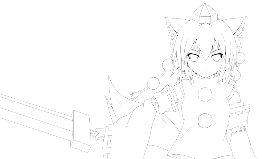 absurdres animal_ears baia detached_sleeves hat highres inubashiri_momiji lineart looking_at_viewer monochrome solo sword tail tokin_hat touhou transparent_background weapon wolf_ears wolf_tail