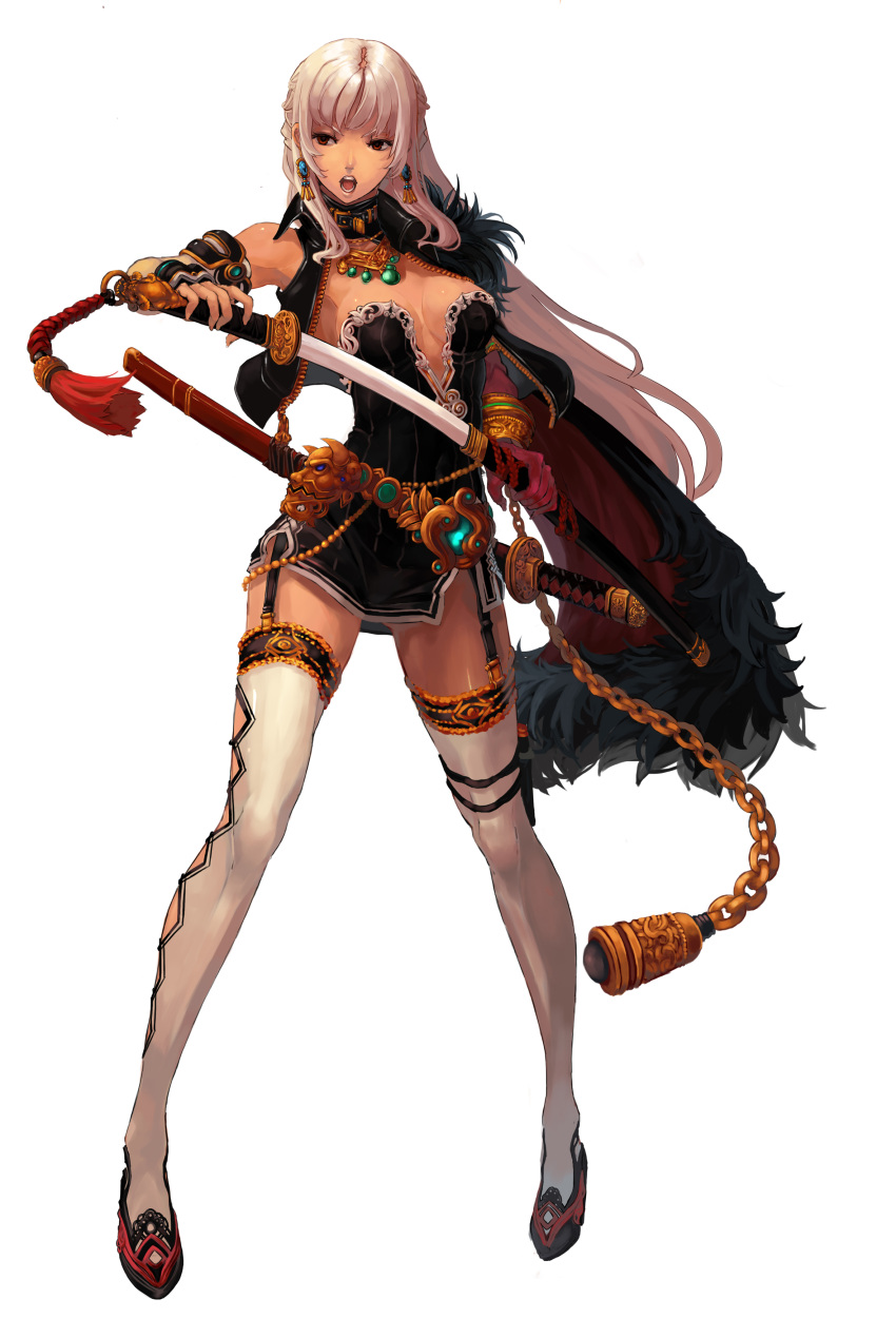 artist_request breasts brown_hair cape chains character_request cleavage dfo dnf dungeon_&amp;_fighter dungeon_and_fighter dungeon_fighter_online earrings female female_slayer_(dungeon_and_fighter) garter_straps gold highres jacket jewelry katana long_hair open_mouth qbspdl short_dress stockings sword thighhighs weapon white_hair white_legwear