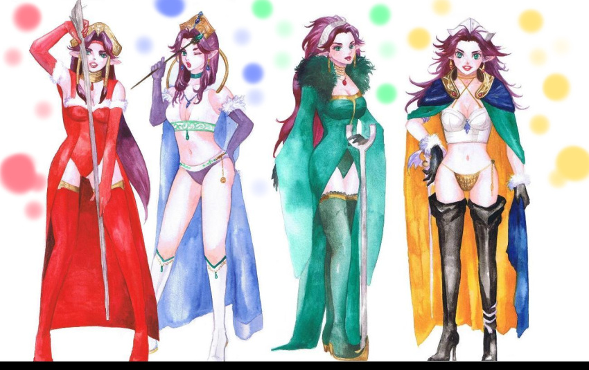 angela arch_mage bikini boots breasts cape choker cleavage dress earrings elbow_gloves gloves grand_devina green_eyes hair_tubes hat high_heels imouto_hitori jewelry lipstick long_hair magus_(seiken_densetsu_3) makeup midriff multiple_persona necklace pointy_ears purple_hair rune_master seiken_densetsu seiken_densetsu_3 shoes staff swimsuit thigh-highs thigh_boots thighhighs traditional_media wand watercolor_(medium)