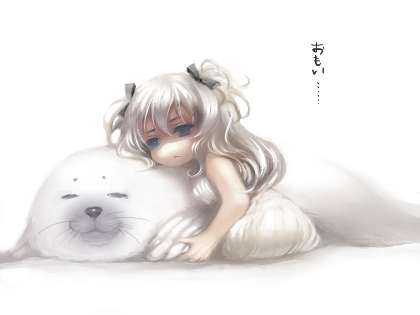 :&lt; animal bare_shoulders blue_eyes bow child closed_eyes dress eyes_closed hair_bow highres looking_at_viewer looking_back nicole no_nose original seal sleeping sleeveless text two_side_up white white_background white_dress white_hair