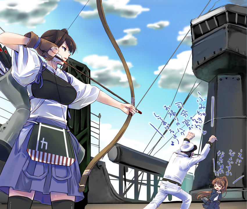 &gt;_&lt; 1boy 2girls absurdres admiral_(kantai_collection) armor arrow black_hair bow_(weapon) brown_eyes brown_hair closed_eyes depth_charge fumizuki_(kantai_collection) gloves hat highres japanese_clothes kaga_(kantai_collection) kantai_collection machinery multiple_girls muneate naval_uniform negativeundead open_mouth personification ponytail quiver ship side_ponytail sweatdrop thighhighs translated weapon