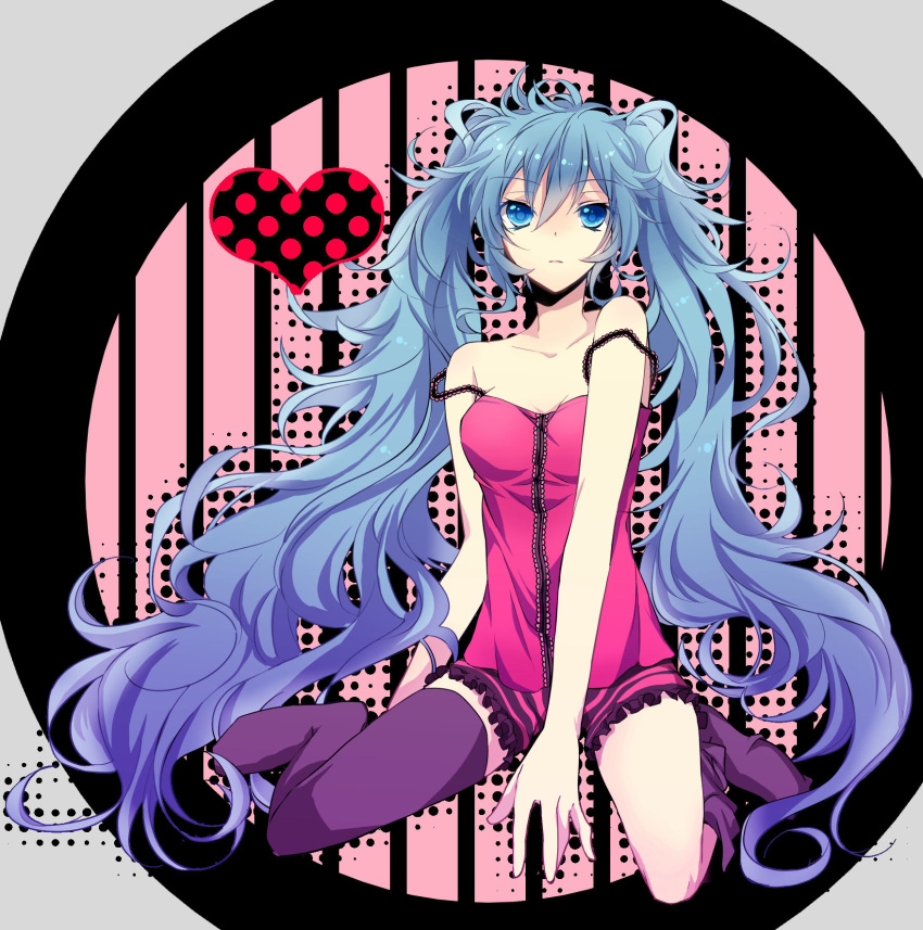 alternate_hair_color bare_shoulders blue_eyes blue_hair colored gradient_hair hatsune_miku heart highres lingerie long_hair messy_hair mihatarou multicolored_hair negligee sitting solo strap_slip striped thigh-highs thighhighs twintails underwear very_long_hair vocaloid wariza