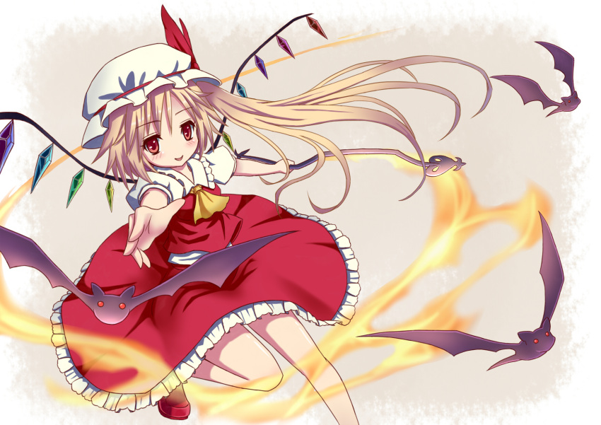 :&gt; ascot bat blonde_hair blush coco0932 fire flandre_scarlet flying foreshortening frills grey_background hat hat_ribbon highres holding laevatein leg_up light_trail looking_at_viewer no_nose open_hand open_mouth outstretched_arm red_eyes ribbon shirt shoes short_hair short_sleeves side_ponytail simple_background skirt smile solo touhou vest wings