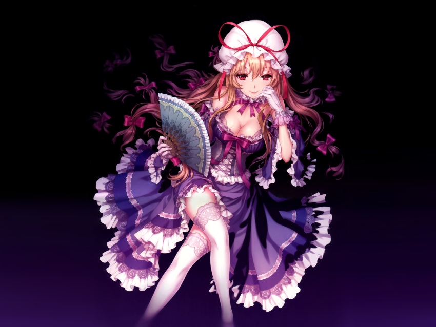 absurdres an2a black_background blonde_hair breasts cleavage corset crossed_legs dark dress fan folding_fan gloves gradient gradient_background hair_ribbon hat highres lace lace-trimmed_thighhighs large_breasts legs lolita_fashion long_hair looking_at_viewer red_eyes ribbon simple_background sitting smile solo thigh-highs thighhighs thighs touhou white_legwear yakumo_yukari