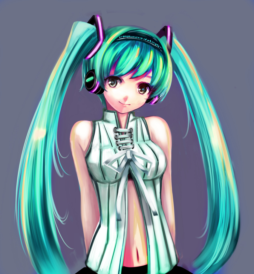 adapted_costume aqua_hair bare_shoulders breasts center_opening hatsune_miku hatsune_miku_(append) head_tilt headphones highres long_hair miku_append navel okazaki_mitsuki simple_background smile solo twintails very_long_hair vocaloid vocaloid_append