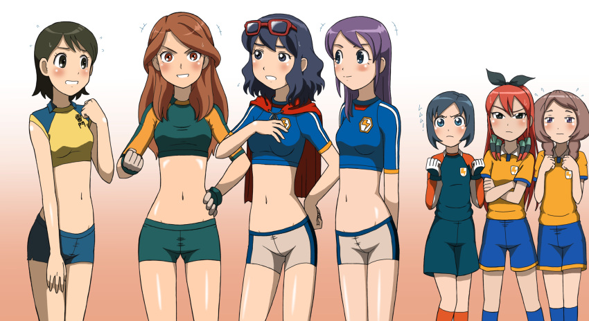 adult blue_eyes blue_hair blush braid brown_hair glasses glasses_on_head green_eyes hair_ribbon highres inazuma_eleven inazuma_eleven_(series) inazuma_eleven_go inazuma_japan kakkii kino_aki kudou_fuyuka lightning_bolt long_hair midriff multiple_girls open_mouth otonashi_haruna purple_eyes purple_hair raglan_sleeves raimon raimon_natsumi red_hair redhead ribbon seto_midori short_hair shorts smile soccer_uniform sorano_aoi twin_braids violet_eyes yamana_akane