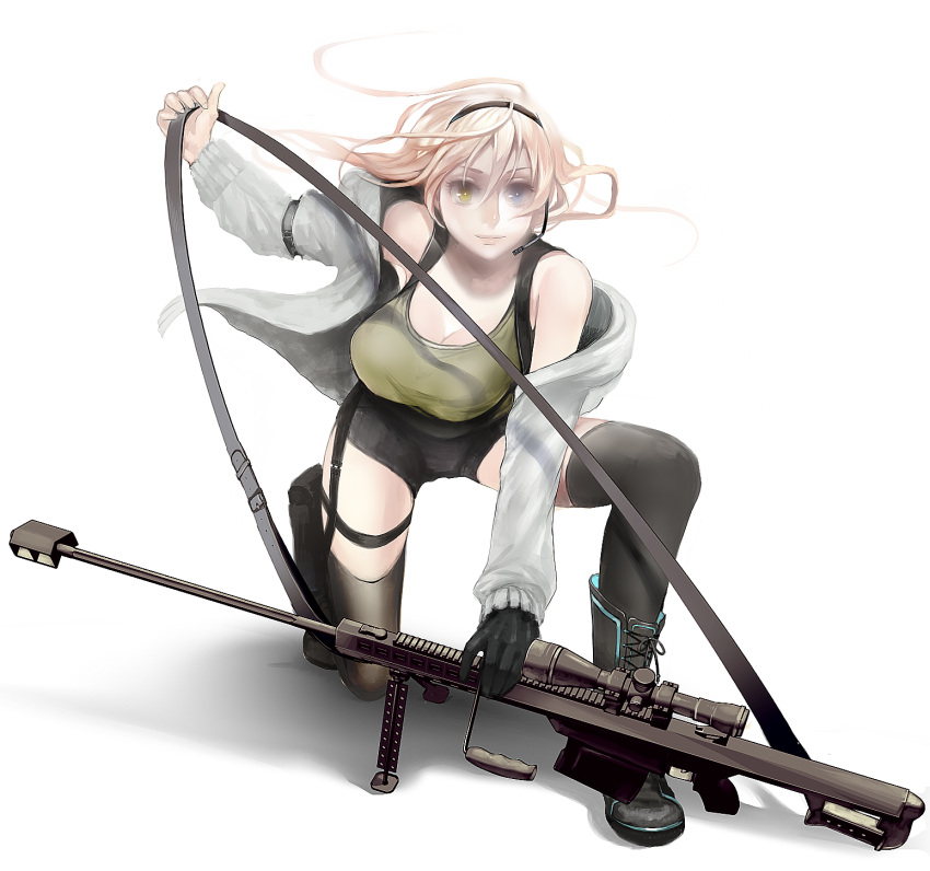 bare_shoulders black_legwear blue_eyes boots breasts cleavage gun headset heterochromia highres jacket large_breasts lips long_hair nicole original pink_hair rifle short_shorts shorts simple_background single_glove sniper_rifle solo strap thigh-highs thighhighs weapon yellow_eyes