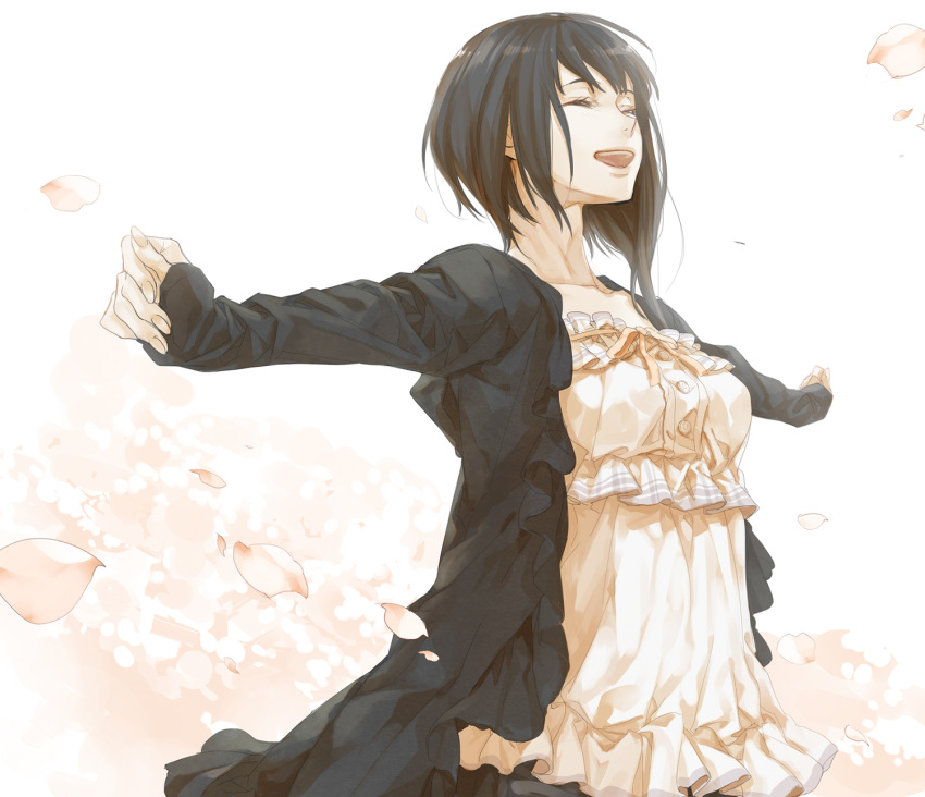 asymmetrical_hair black_hair blouse cardigan closed_eyes eyes_closed highres izumi_(nagashi) open_mouth original outstretched_arms petals short_hair smile solo spread_arms uneven_hair