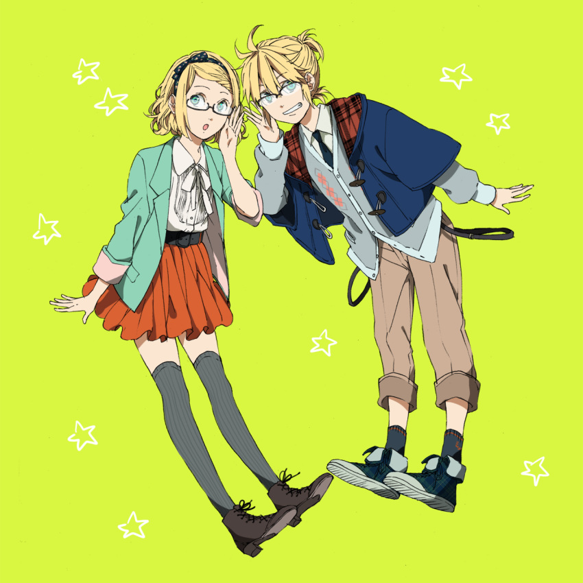 1girl aqua_eyes bespectacled blonde_hair brother_and_sister casual footwear glasses grin highres jacket kagamine_len kagamine_rin kunieda_(miniaturegarden) looking_at_viewer necktie open_mouth shoes short_hair siblings skirt smile socks thigh-highs thighhighs twins vertical-striped_legwear vertical_stripes vocaloid zettai_ryouiki
